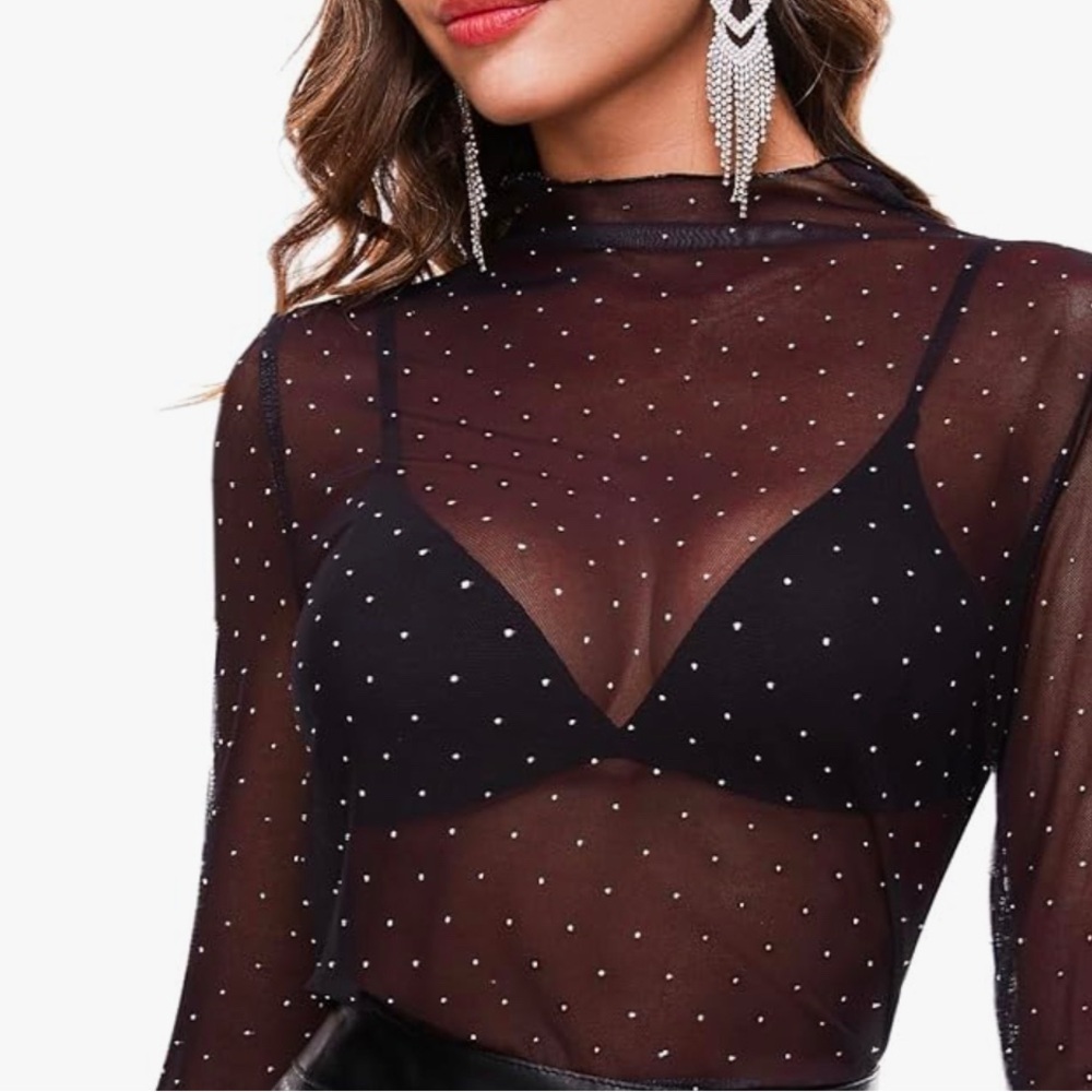 Womens Sheer Mesh Layering Top Sparkle Long Sleeve Shirts Mock Neck